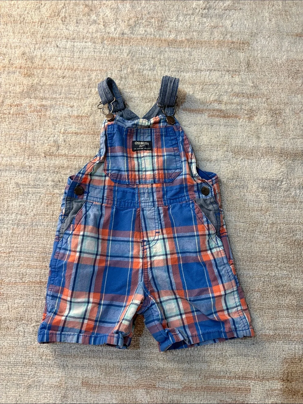 OshKosh B'gosh Blue and Orange Plaid Short Overalls